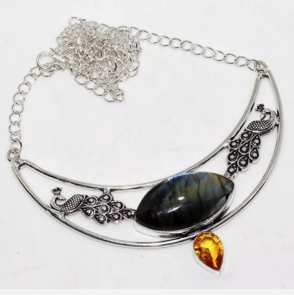 New Labradorite and Citrine Silver Peacock Necklace